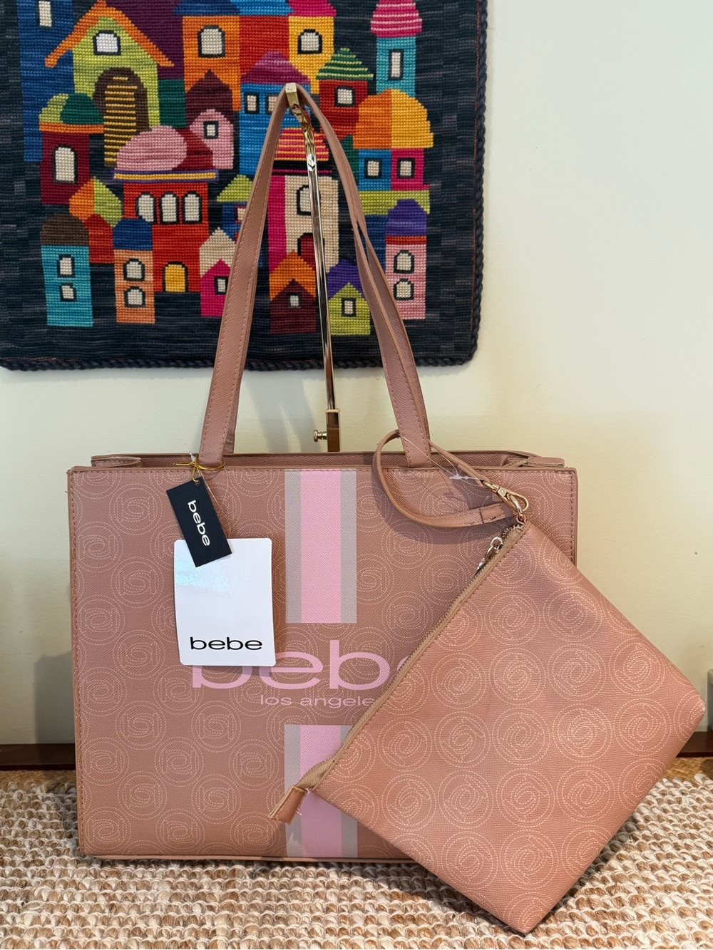 Bebe Tan and Pink Tote with wristlet pouch. 2 pieces, NWT, MSRP $129.00